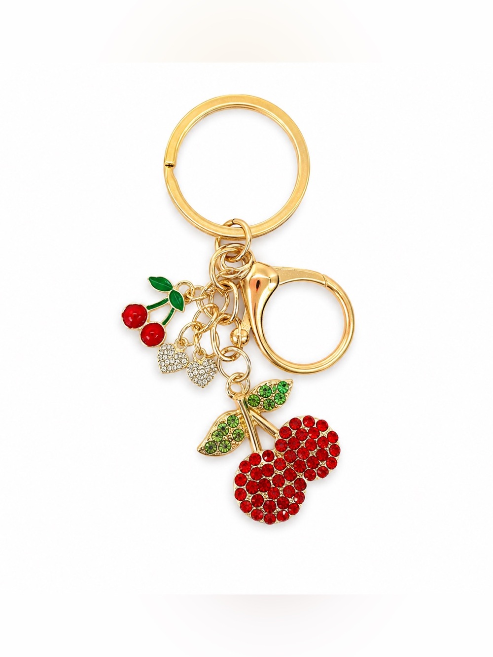 Gold Cherry Crystal Keychain Rhinestone Charm Bag Clip Red Green